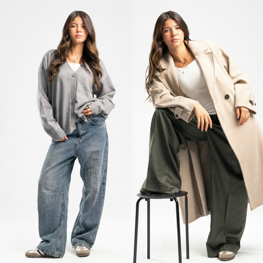 Ash Grey Cardigan & Women's Olive Pleated Trousers