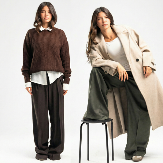 Mocha Crewneck & Women's Olive Pleated Trousers